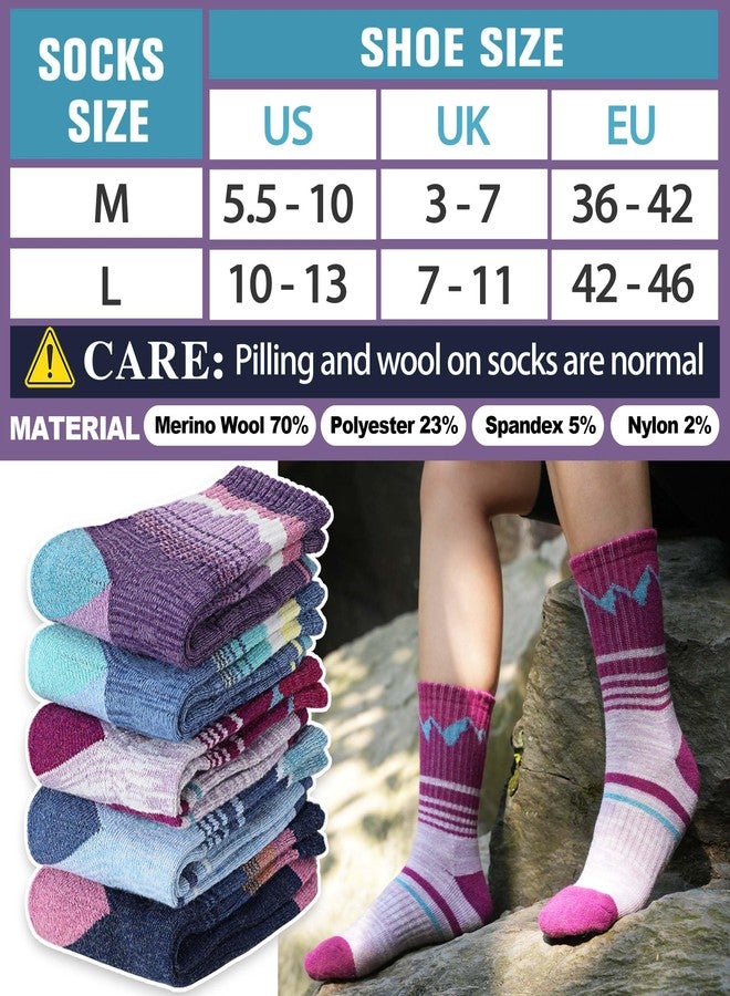 Sandsuced Merino Wool Hiking Warm Socks Thermal Winter Cozy Crew with Cushioned Sole & Moisture Wicking 5 Pairs for Women, Purple/Blue/Dark Blue/Rose Pink/Light Blue, M - Image 5