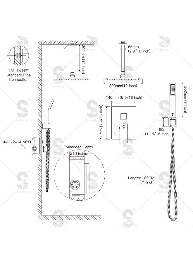 Generic - SR SUN RISE 12 Inch Ceiling Mounted Shower System Rain Mixer Shower Combo Set Rainfall Shower Head System Polished Chrome Shower Faucet Rough-in Valve Body and Trim Included - Image 1