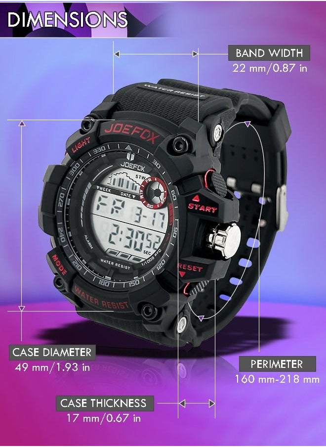 JoeFox - Digital Waterproof 3 ATM  Military Classical Sports Watch for Men Multifunction Luminous Display LED Backlight Watch Dual Time Shock Resist Watch Red Black - Image 1