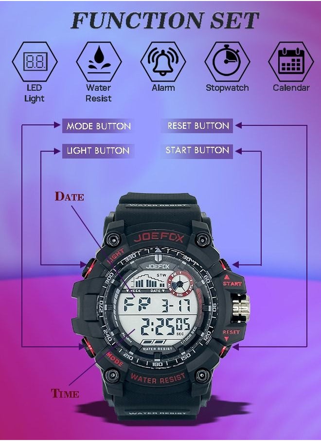 JoeFox - Digital Waterproof 3 ATM  Military Classical Sports Watch for Men Multifunction Luminous Display LED Backlight Watch Dual Time Shock Resist Watch Red Black - Image 1