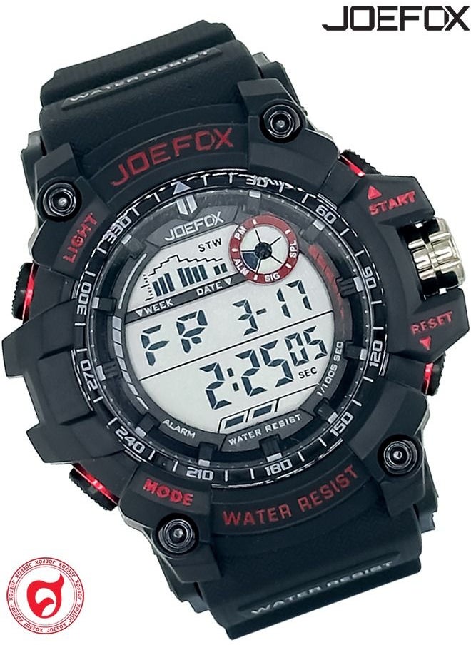JoeFox - Digital Waterproof 3 ATM  Military Classical Sports Watch for Men Multifunction Luminous Display LED Backlight Watch Dual Time Shock Resist Watch Red Black - Image 1