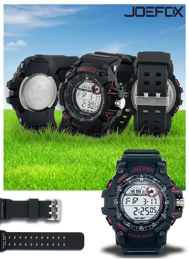 JoeFox - Digital Waterproof 3 ATM  Military Classical Sports Watch for Men Multifunction Luminous Display LED Backlight Watch Dual Time Shock Resist Watch Red Black - Image 1