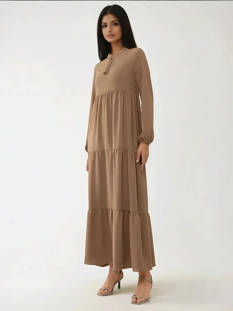 HICCUP Textured Crew Neck Maxi Dress with Buttons