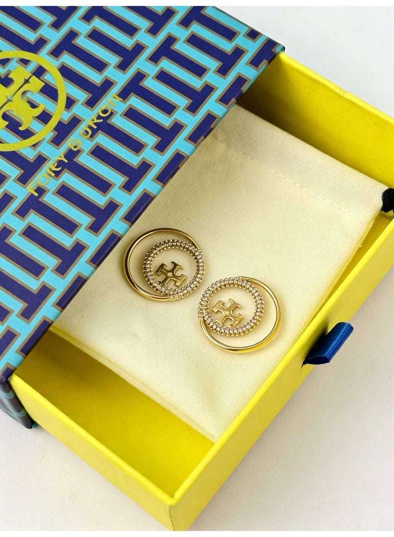 Burch Double Circle Earrings - Logo Embellishment, Gold-Tone Metal, Minimalist Design, Statement Jewelry for Daily & Evening Styling - Image 1
