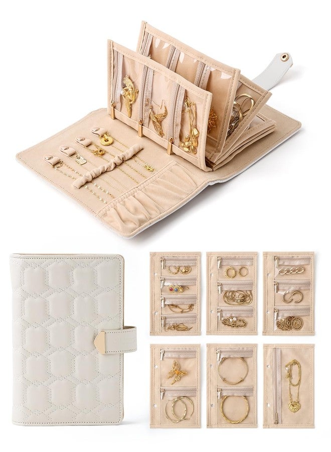 CASEGRACE Travel Jewelry Organizer Case,Portable Jewelry Storage Book Ring Binder with 6 Clear Zipper Velvet Jewelry Pouch for Earrings, Rings, Necklaces Ideal Gift for Women (Beige White) - Image 1