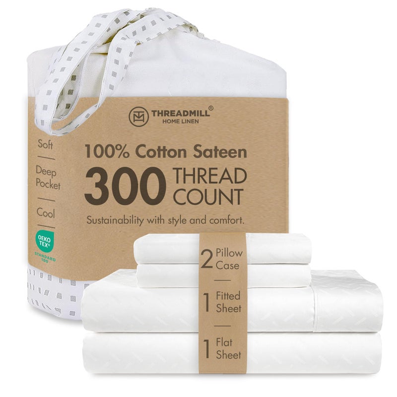 Threadmill Cotton Queen Sheet Set - 100% Cotton Damask Jacquard Sheets With 16" Deep Pocket - Soft Sateen Weave 4-Piece Cooling Bedding for Queen Size Bed - White - Image 1