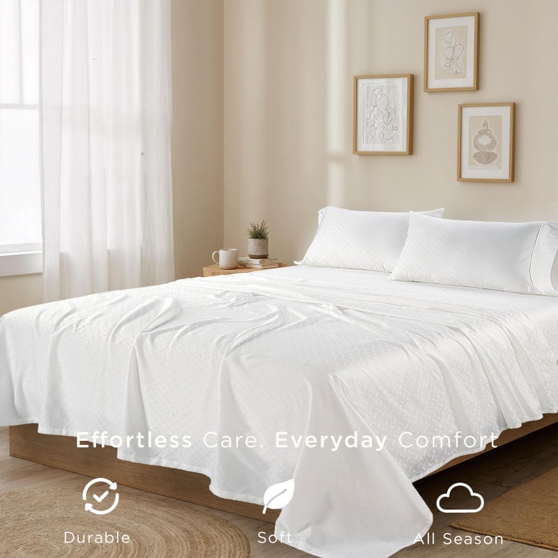 Threadmill Cotton Queen Sheet Set - 100% Cotton Damask Jacquard Sheets With 16" Deep Pocket - Soft Sateen Weave 4-Piece Cooling Bedding for Queen Size Bed - White - Image 5