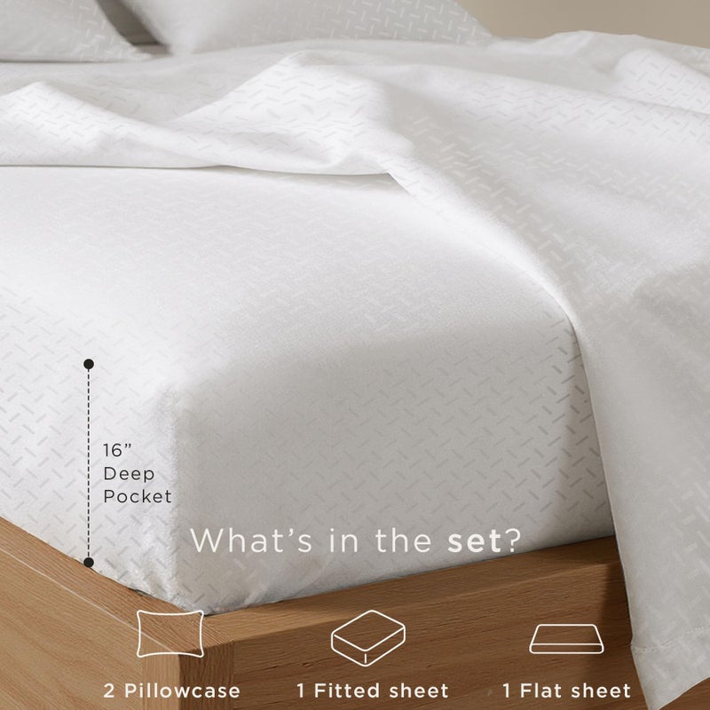 Threadmill Cotton Queen Sheet Set - 100% Cotton Damask Jacquard Sheets With 16" Deep Pocket - Soft Sateen Weave 4-Piece Cooling Bedding for Queen Size Bed - White - Image 3