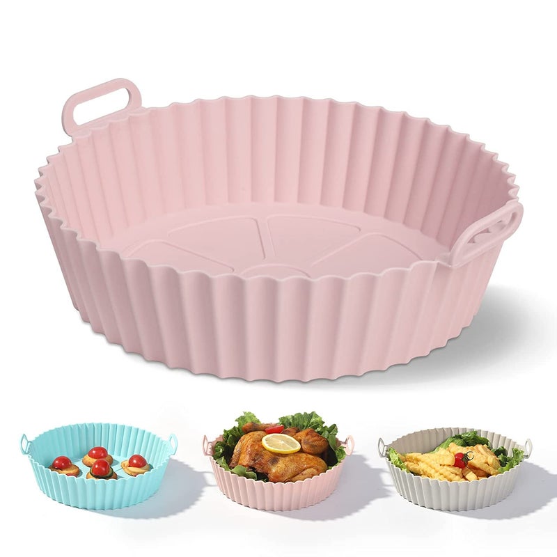 Buransh Air Fryer Reusable NonStick Silicone Oven Pot Tray Basket with Ear Handles Accessories Easy to Clean 65 in Silicone Liner Wave Stripe Texture Even Heat Resistant Compatible Round Pink - Image 1