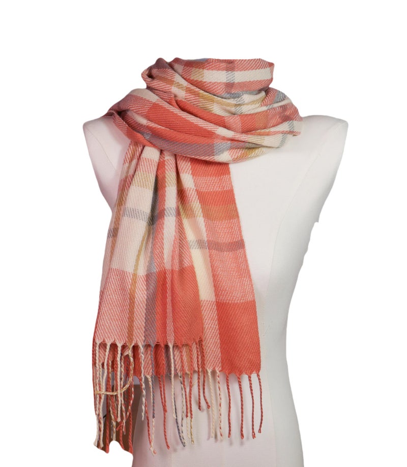 Wander Agio Women's Fashion Scarves Long Shawl Winter Thick Warm Knit Large Plaid Scarf Watermelon Red Beige 5 - Image 4