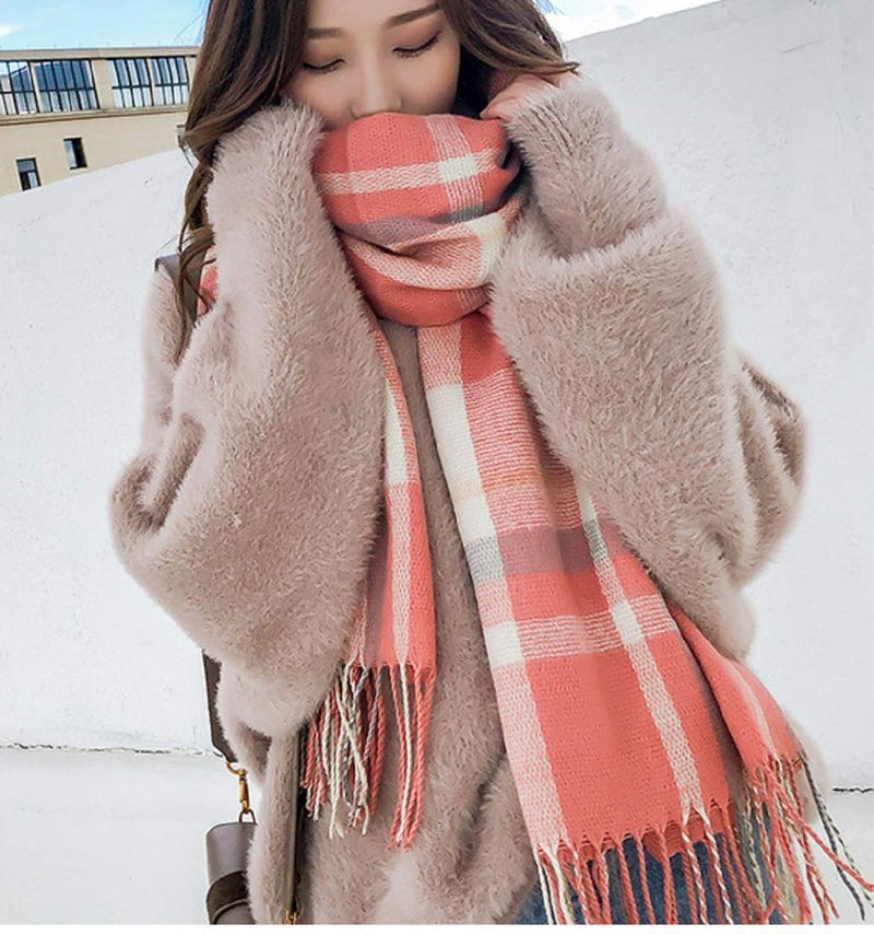 Wander Agio Women's Fashion Scarves Long Shawl Winter Thick Warm Knit Large Plaid Scarf Watermelon Red Beige 5 - Image 2