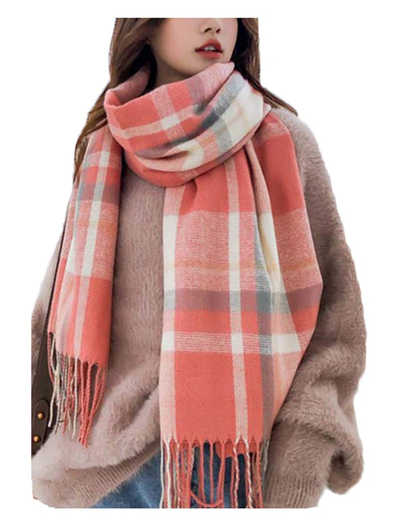 Wander Agio Women's Fashion Scarves Long Shawl Winter Thick Warm Knit Large Plaid Scarf Watermelon Red Beige 5 - Image 1