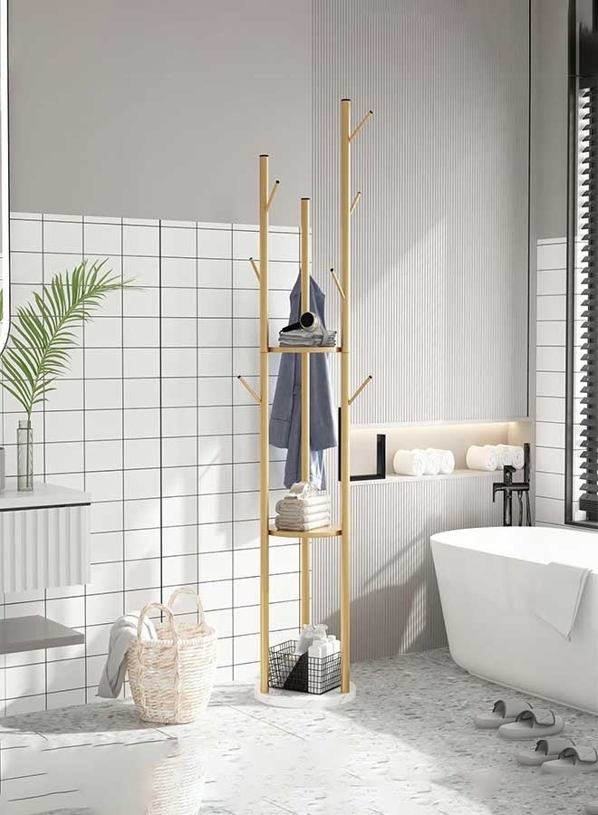 رَوَائِد رف ملابس معدني – حامل ذهبي مع رفوف وقاعدة من الرخام – شجرة معاطف مزودة بـ9 خطافات للأوشحة والحقائب – تصميم عصري – مناسب للمداخل، غرف المعيشة والنوم – سهل التركيب - Image 3