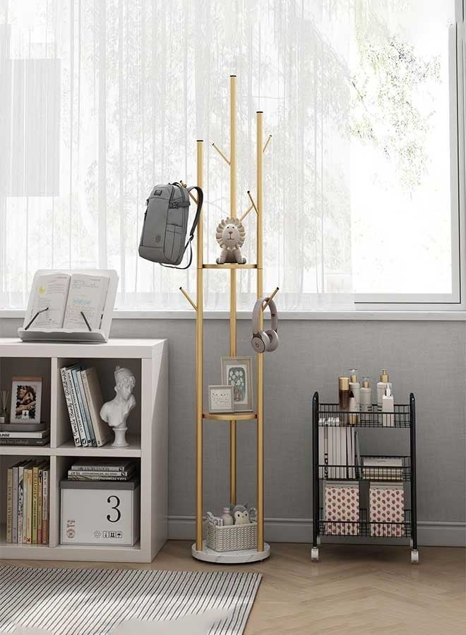 رَوَائِد رف ملابس معدني – حامل ذهبي مع رفوف وقاعدة من الرخام – شجرة معاطف مزودة بـ9 خطافات للأوشحة والحقائب – تصميم عصري – مناسب للمداخل، غرف المعيشة والنوم – سهل التركيب - Image 5