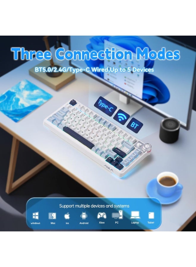 AULA لوحة مفاتيح ميكانيكية لاسلكية ثلاثية الوضع AU75 بتصميم مدمج 75% – لوحة مفاتيح للألعاب قابلة للتبديل مع مفتاح Star Vector، بلوتوث، 2.4GHz ووضع سلكي، إضاءة خلفية RGB للألعاب، الكمبيوتر الشخصي واستخدام المكتب - Image 4