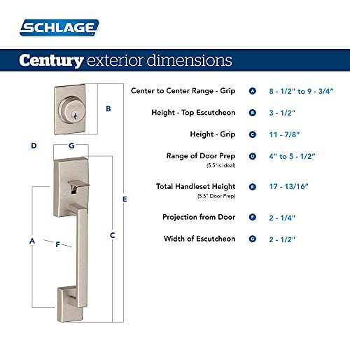 Schlage F58 CEN 619 Century Exterior Handleset with Deadbolt, Satin Nickel (Exterior Half Only) - Image 2