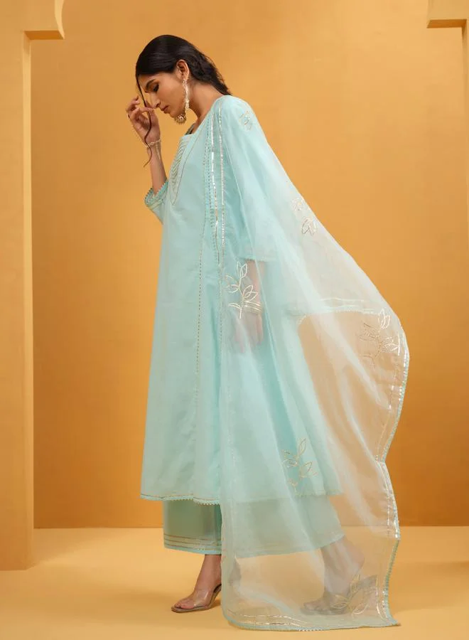 ISHIN Women's Sky Blue Cotton Embellished A-Line Tunic Upperwear Calf Length Palazzo Bottomwear Flowy 3 Peice Kurta Set