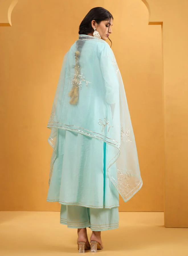 ISHIN Women's Sky Blue Cotton Embellished A-Line Tunic Upperwear Calf Length Palazzo Bottomwear Flowy 3 Peice Kurta Set