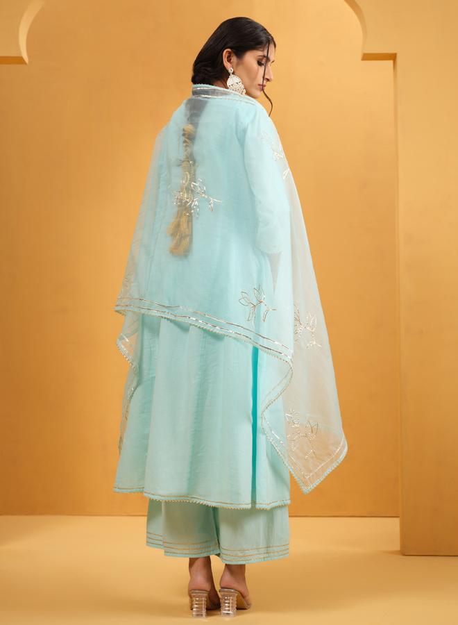 ISHIN Women's Sky Blue Cotton Embellished A-Line Tunic Upperwear Calf Length Palazzo Bottomwear Flowy 3 Peice Kurta Set - Image 2