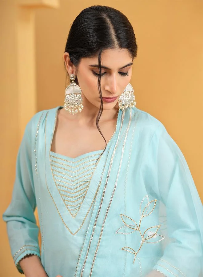 ISHIN Women's Sky Blue Cotton Embellished A-Line Tunic Upperwear Calf Length Palazzo Bottomwear Flowy 3 Peice Kurta Set