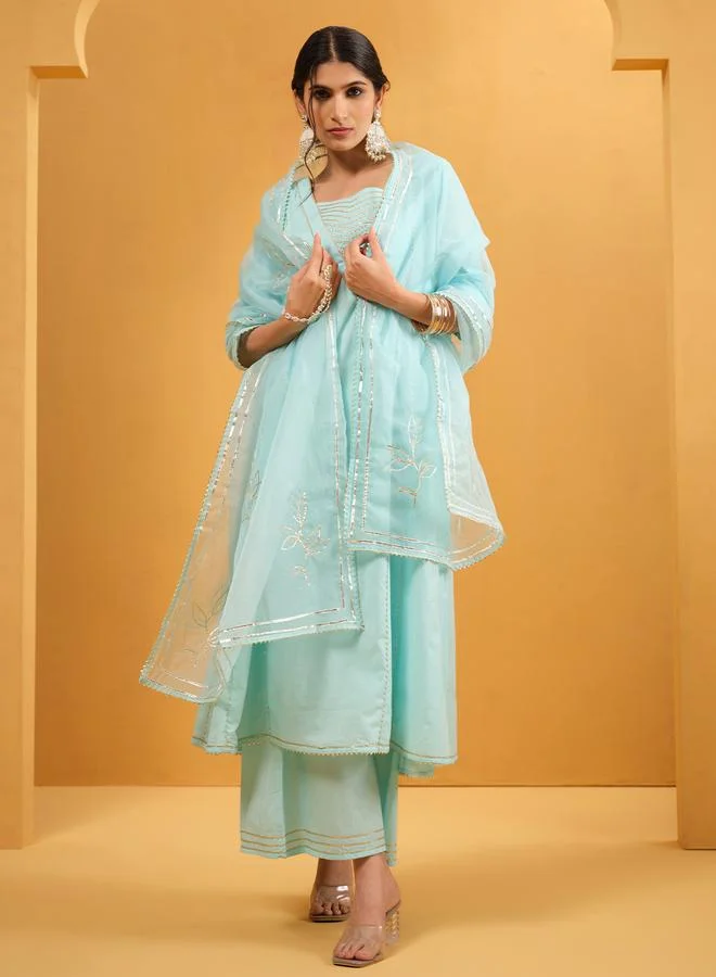 ISHIN Women's Sky Blue Cotton Embellished A-Line Tunic Upperwear Calf Length Palazzo Bottomwear Flowy 3 Peice Kurta Set