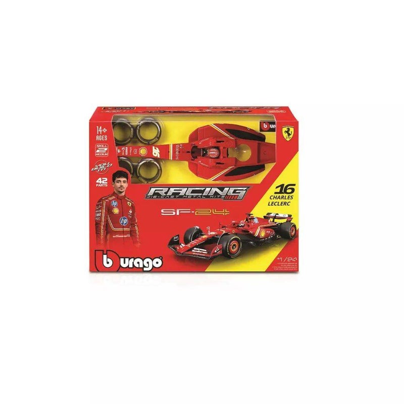 Bburago مجموعة ببراغو للسباقات F1 2024 فيراري SF-24 #16 شارل لوكليرك من المعدن المصبوب مع خوذة (1:24، 42 قطعة، أحمر) - Image 1
