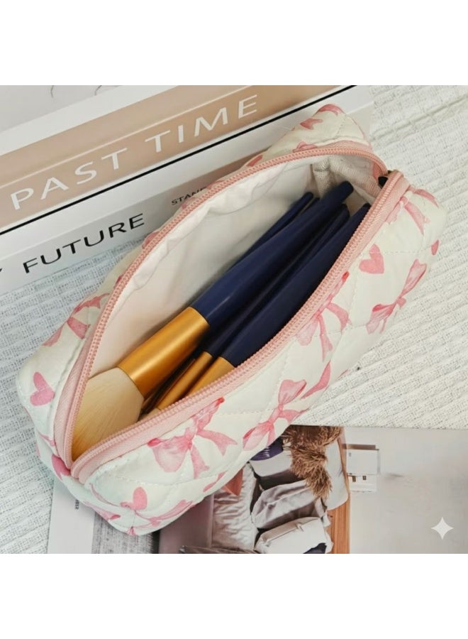 3-Piece Makeup Bag Set for Women – Quilted Cosmetic Bag, Pouch & Travel Organizer with Bow & Heart Design, Baby Pink & White - Image 3