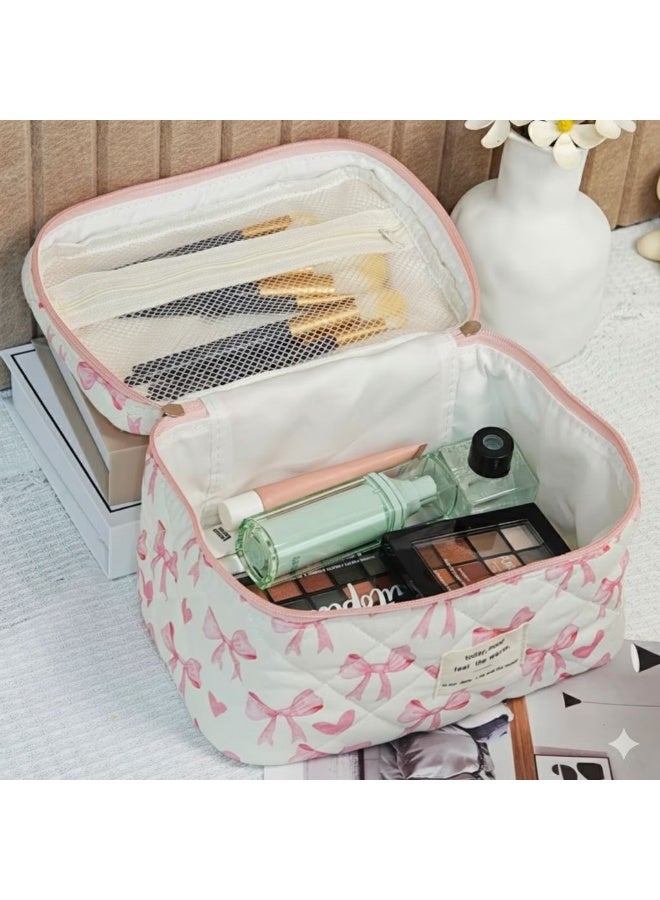 3-Piece Makeup Bag Set for Women – Quilted Cosmetic Bag, Pouch & Travel Organizer with Bow & Heart Design, Baby Pink & White - Image 5