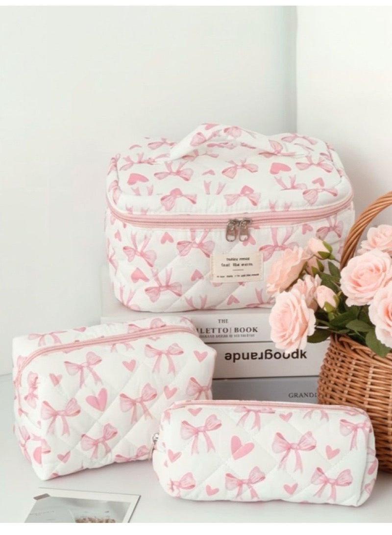 3-Piece Makeup Bag Set for Women – Quilted Cosmetic Bag, Pouch & Travel Organizer with Bow & Heart Design, Baby Pink & White - Image 1