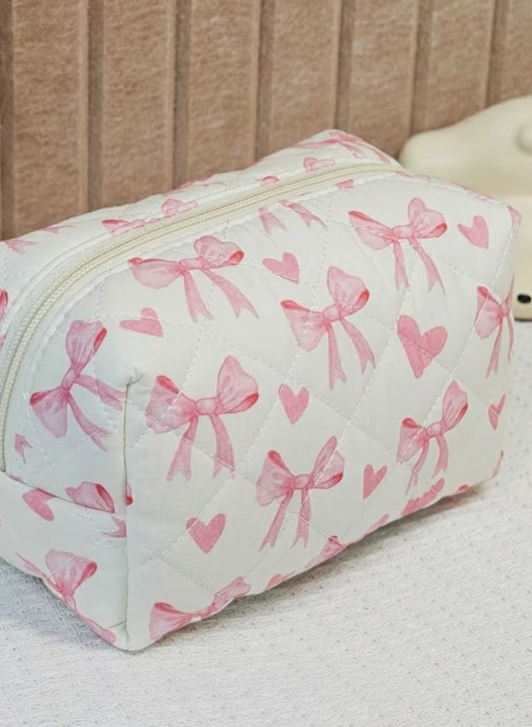 3-Piece Makeup Bag Set for Women – Quilted Cosmetic Bag, Pouch & Travel Organizer with Bow & Heart Design, Baby Pink & White - Image 2