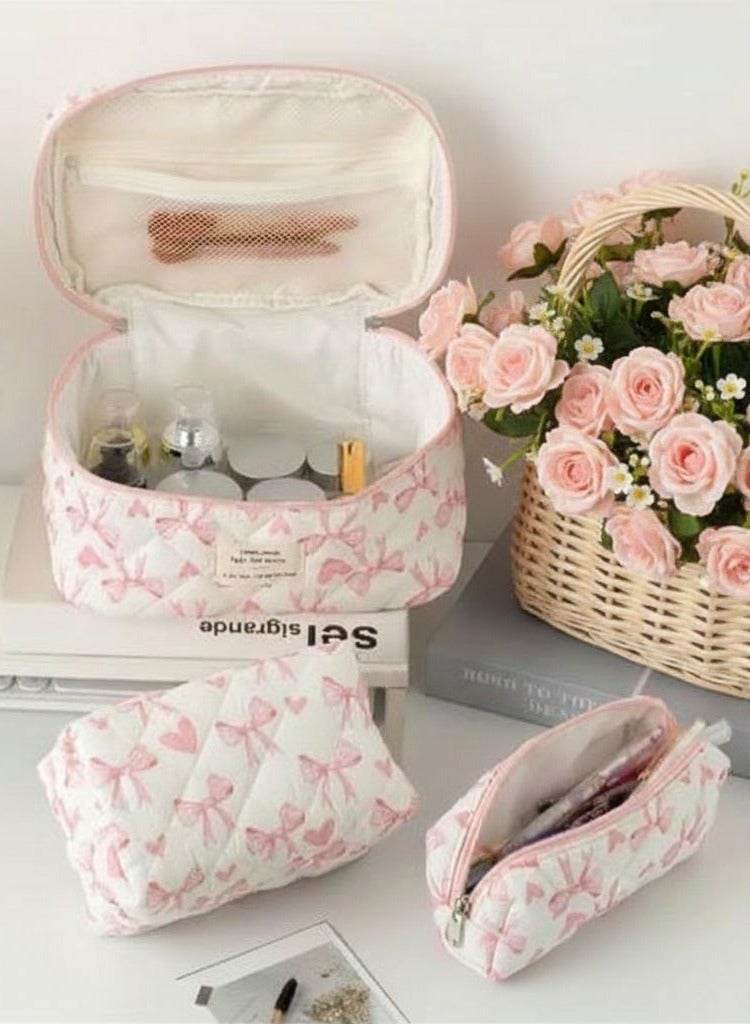 3-Piece Makeup Bag Set for Women – Quilted Cosmetic Bag, Pouch & Travel Organizer with Bow & Heart Design, Baby Pink & White - Image 4