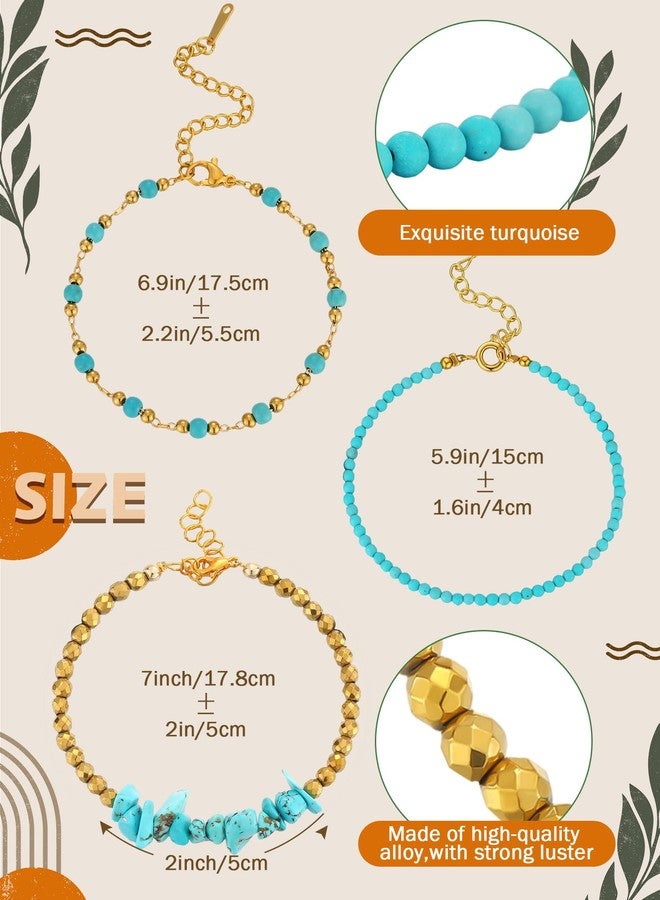 Inbagi 3 Pcs Turquoise Gold Beaded Bracelets for Women Western Bracelets Round Beads Dainty Bracelet Bohemian Jewelry - Image 3