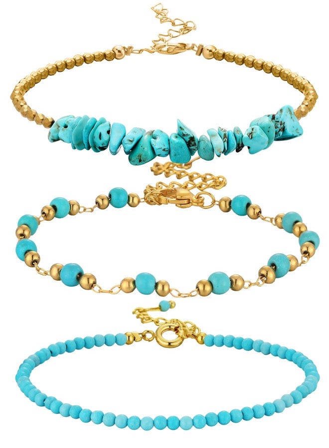Inbagi 3 Pcs Turquoise Gold Beaded Bracelets for Women Western Bracelets Round Beads Dainty Bracelet Bohemian Jewelry - Image 1