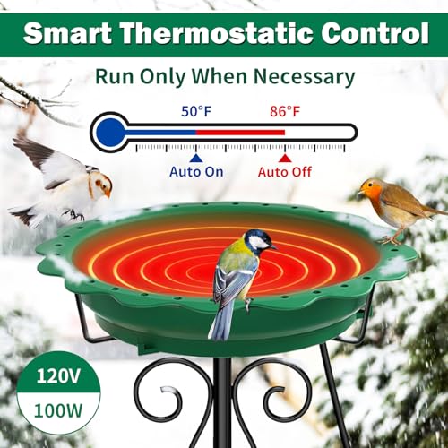 Jvgoo Heated Bird Bath for Outside Winter, Powerful 100W Thermostat Control Heated Bird Baths for Outdoors with 5-Prong Metal Stake, Heated Birdbath Water Heater for Garden Yard Patio Lawn (Green) - Image 3