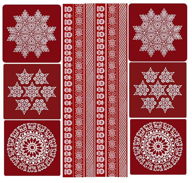 ABS HERBALS : Rangoli/Kolam Sticker – Traditional Handmade Kolam Art/Design Sticker for : Pooja Room, Home Entrance, Tile, Floor, (Meroon-MM6,MP6 Pack of 12Pcs) - Image 1