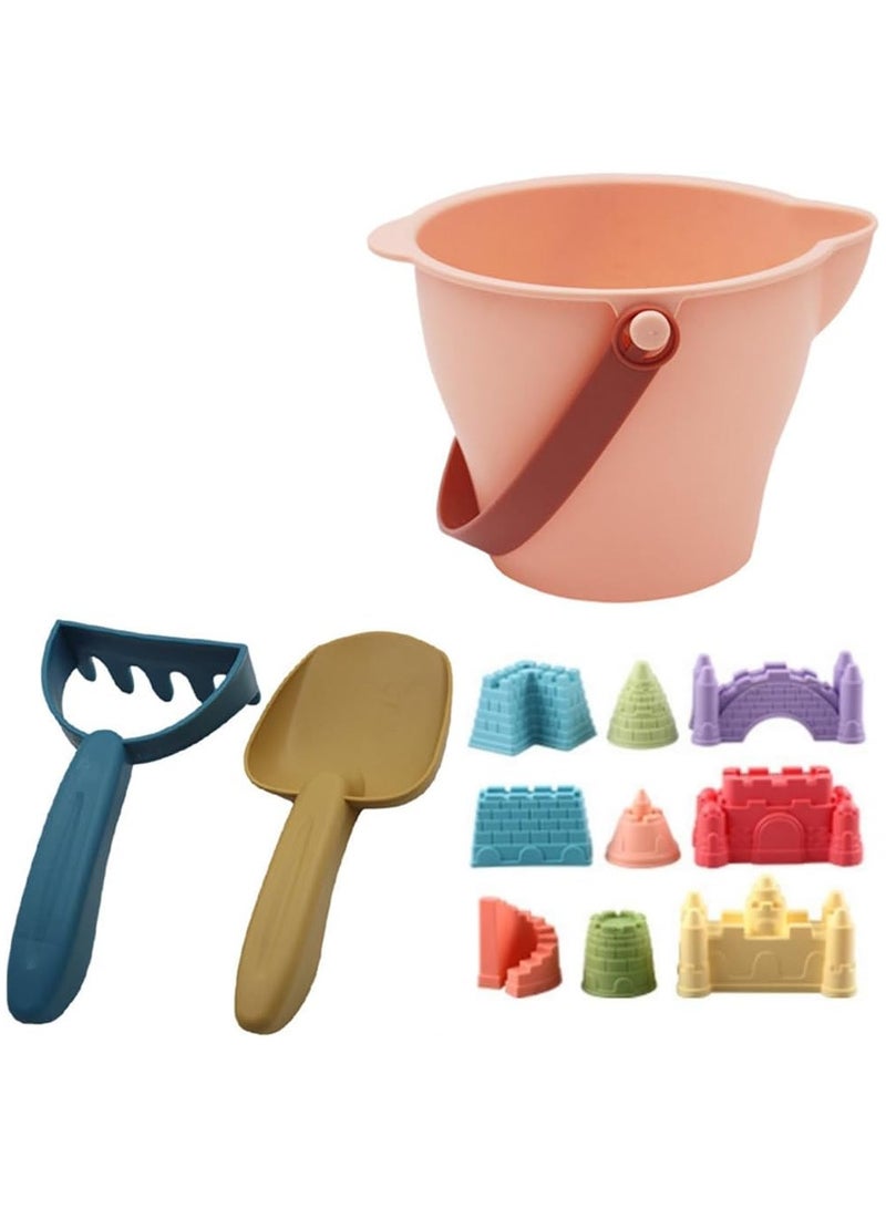 AUTOYSUR حقيبة ألعاب بناء قلعة الرمل 12 قطعة للشاطئ للعب في الهواء الطلق تشمل دلو رمل ومجرفة ومشط وقوالب رمل للسفر وألعاب رمل لصندوق الرمل للأطفال (وردي) - Image 1