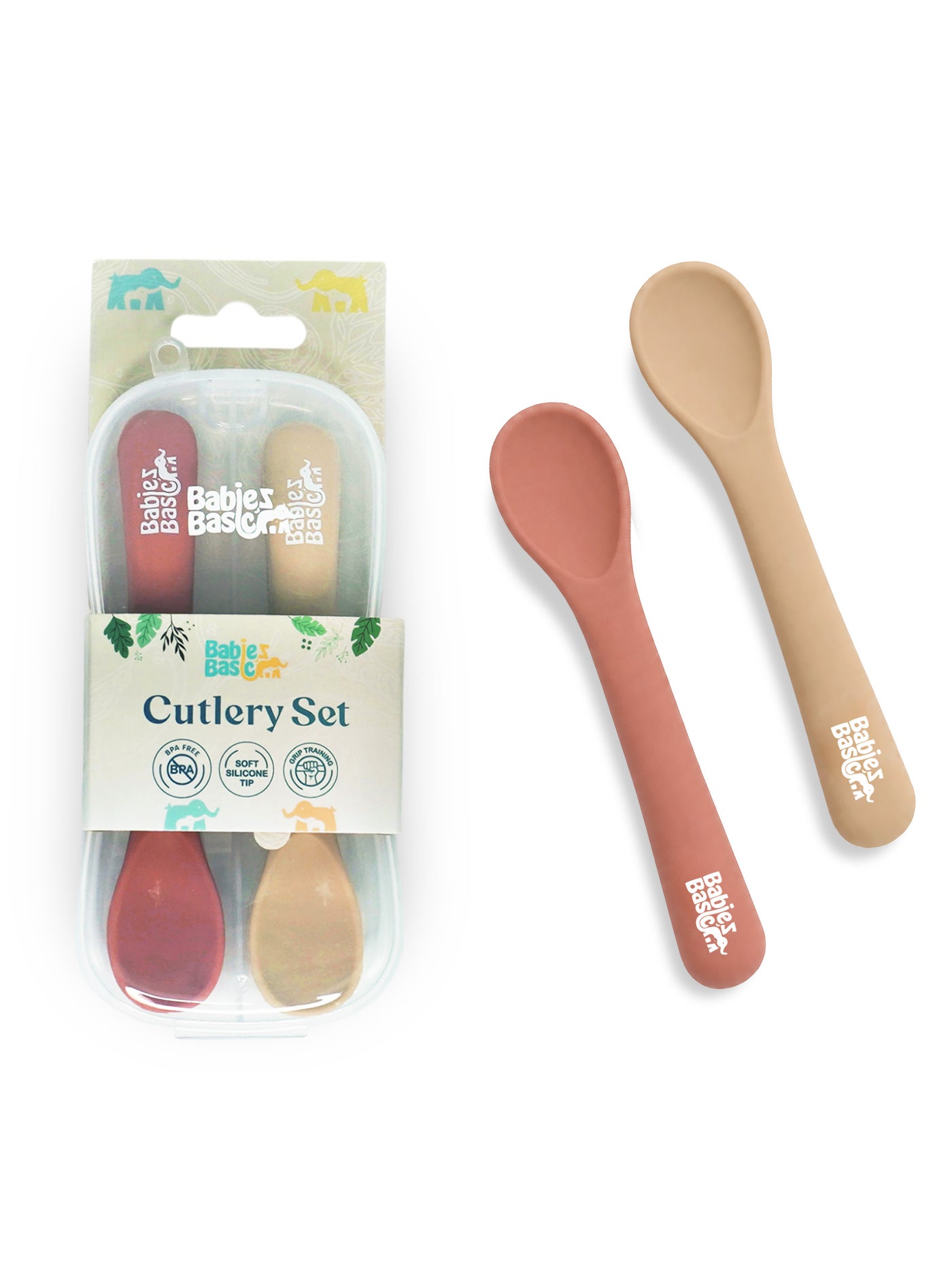 Babies Basic Flexible Silicone Spoon Set with travel case for kids, Brown and Beige