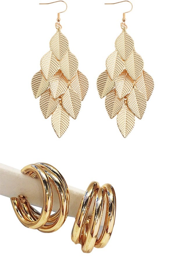 Al Aoyama 2 pairs Stainless Steel Hoop Earrings for Women Simple Gold Color Circle Small Earrings Gold Color Leaves  Earrings For Women  - Image 1