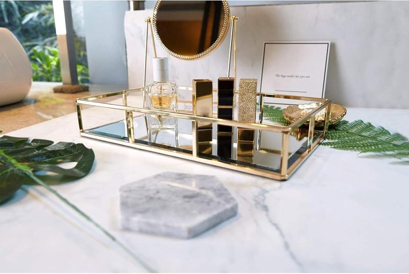PuTwo Tray Mirror, Gold Dresser Ornate Tray Metal Decorative Tray Jewelry Perfume Organizer Makeup Tray for Vanity, Dresser, Bathroom, Bedroom - Image 4