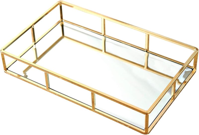 PuTwo Tray Mirror, Gold Dresser Ornate Tray Metal Decorative Tray Jewelry Perfume Organizer Makeup Tray for Vanity, Dresser, Bathroom, Bedroom - Image 1