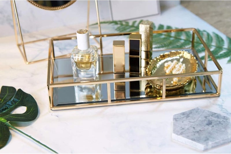 PuTwo Tray Mirror, Gold Dresser Ornate Tray Metal Decorative Tray Jewelry Perfume Organizer Makeup Tray for Vanity, Dresser, Bathroom, Bedroom - Image 2
