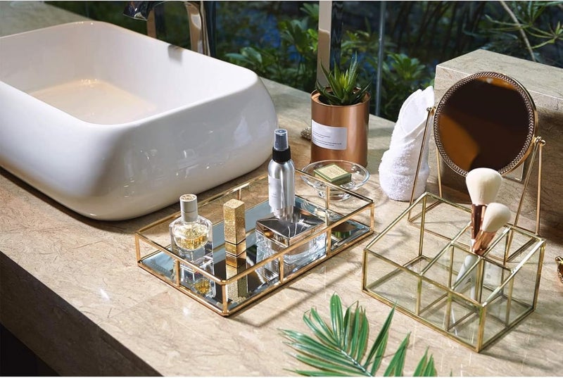 PuTwo Tray Mirror, Gold Dresser Ornate Tray Metal Decorative Tray Jewelry Perfume Organizer Makeup Tray for Vanity, Dresser, Bathroom, Bedroom - Image 3