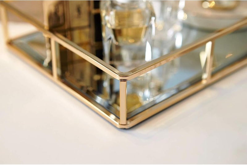 PuTwo Tray Mirror, Gold Dresser Ornate Tray Metal Decorative Tray Jewelry Perfume Organizer Makeup Tray for Vanity, Dresser, Bathroom, Bedroom - Image 5