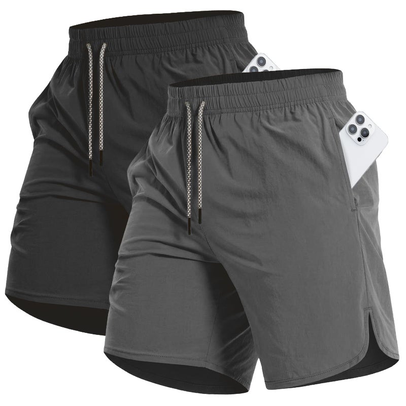 CANGHPGIN 2 Pack Men's Running Athletic Shorts 7'' Quick Dry Sports Gym Shorts with Pockets, Lightweight Exercise Workout Shorts Men Black/Dark Grey - Image 1