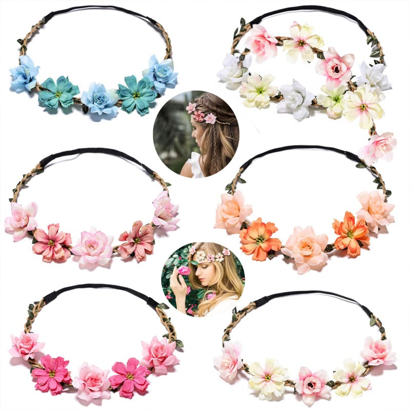 Ylapagne Crown for Girls & Women, Pink Headband & Headpiece for Weddings, Bridesmaids, Flower Girls, Tea Party, Bavarian Festival, Boho Floral Hair Accessories, 6 PCS - Image 4