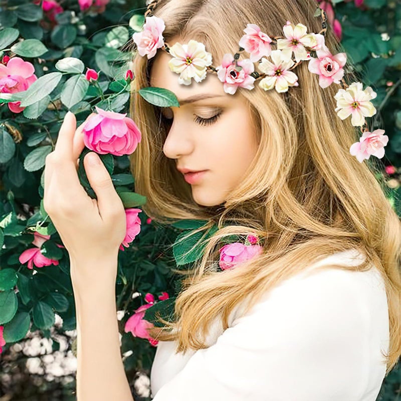 Ylapagne Crown for Girls & Women, Pink Headband & Headpiece for Weddings, Bridesmaids, Flower Girls, Tea Party, Bavarian Festival, Boho Floral Hair Accessories, 6 PCS - Image 2