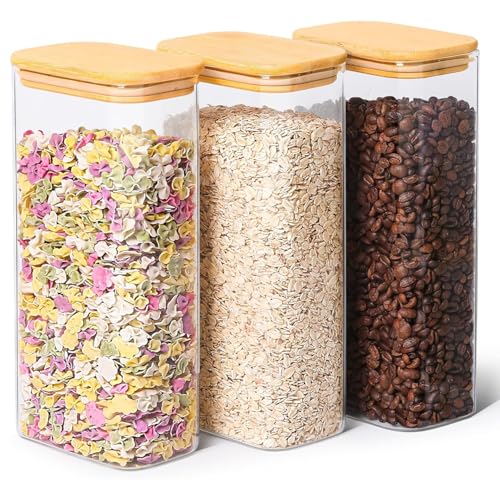 ComSaf 2 Qt Rectangle Glass Storage Containers with Lids, Glass Jars with Bamboo Lids, Clear Food Jar, Square Canister Set of 3, Pantry Organizers and Storage for Flour Pasta Coffee Bean - Image 1