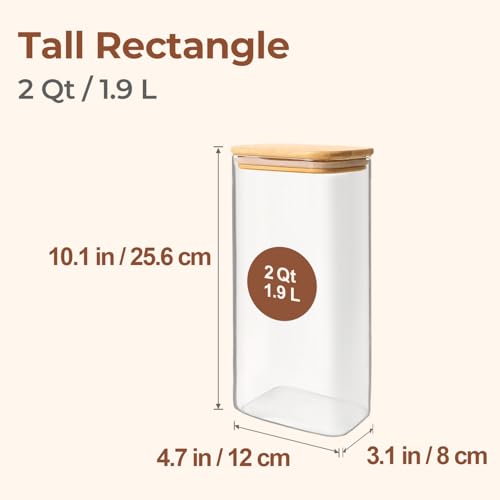 ComSaf 2 Qt Rectangle Glass Storage Containers with Lids, Glass Jars with Bamboo Lids, Clear Food Jar, Square Canister Set of 3, Pantry Organizers and Storage for Flour Pasta Coffee Bean - Image 2