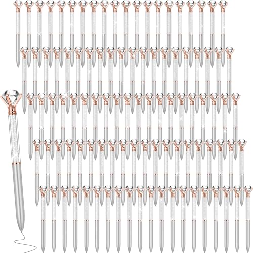 Sherr شيري 100 عبوة أقلام كريستال ماسية كبيرة أقلام جيل لطيفة قابلة للسحب مزينة بالأحجار الكريمة بلينغ بلاتين أسود لوازم مكتبية هدايا للنساء (فضي، أسلوب زفاف) - Image 1