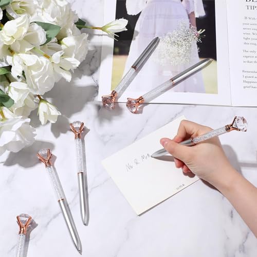 Sherr شيري 100 عبوة أقلام كريستال ماسية كبيرة أقلام جيل لطيفة قابلة للسحب مزينة بالأحجار الكريمة بلينغ بلاتين أسود لوازم مكتبية هدايا للنساء (فضي، أسلوب زفاف) - Image 3